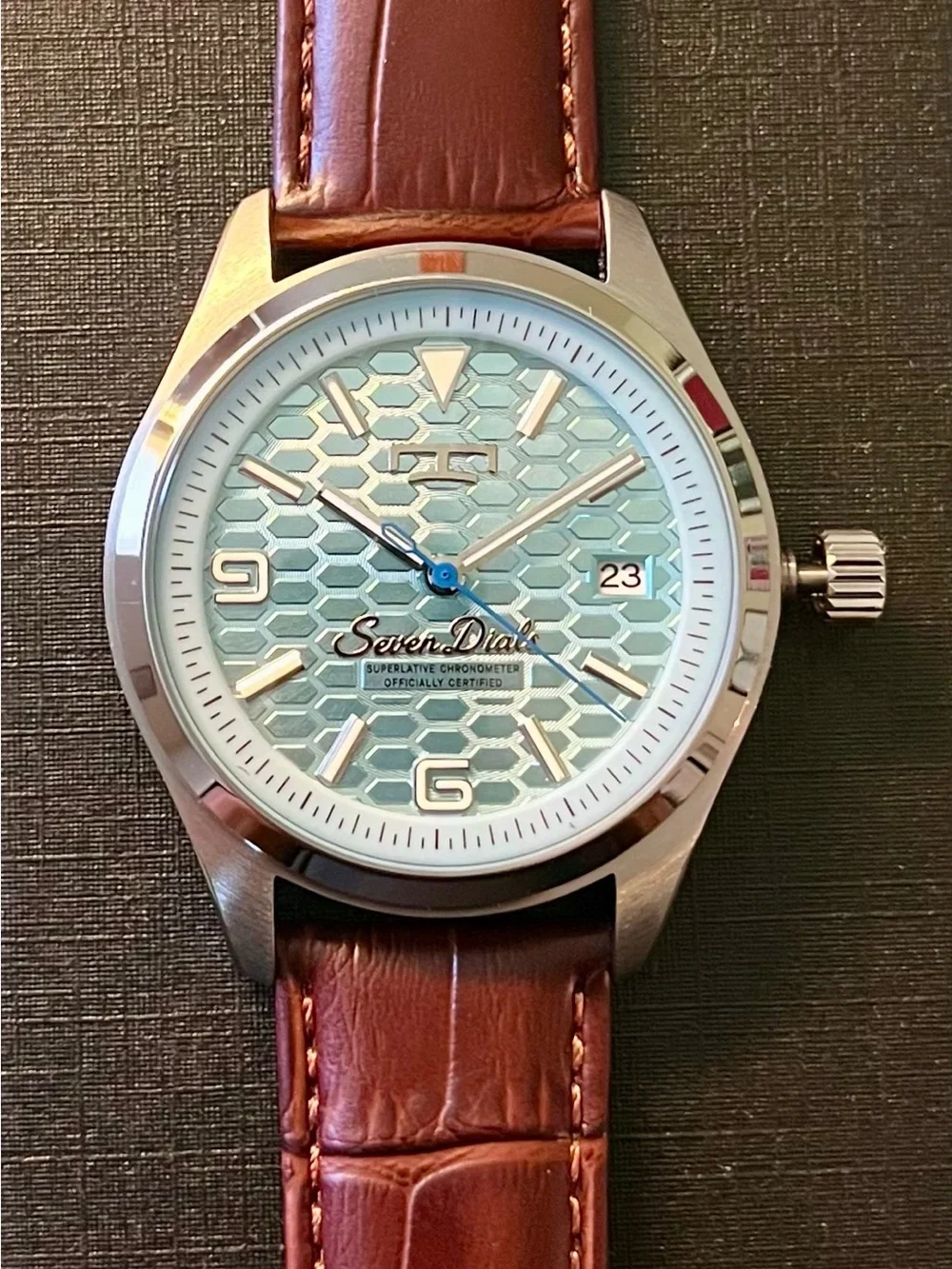 Seven Dials: Men’s Watch with Light Blue Honeycomb Dial and Brown Leather Strap